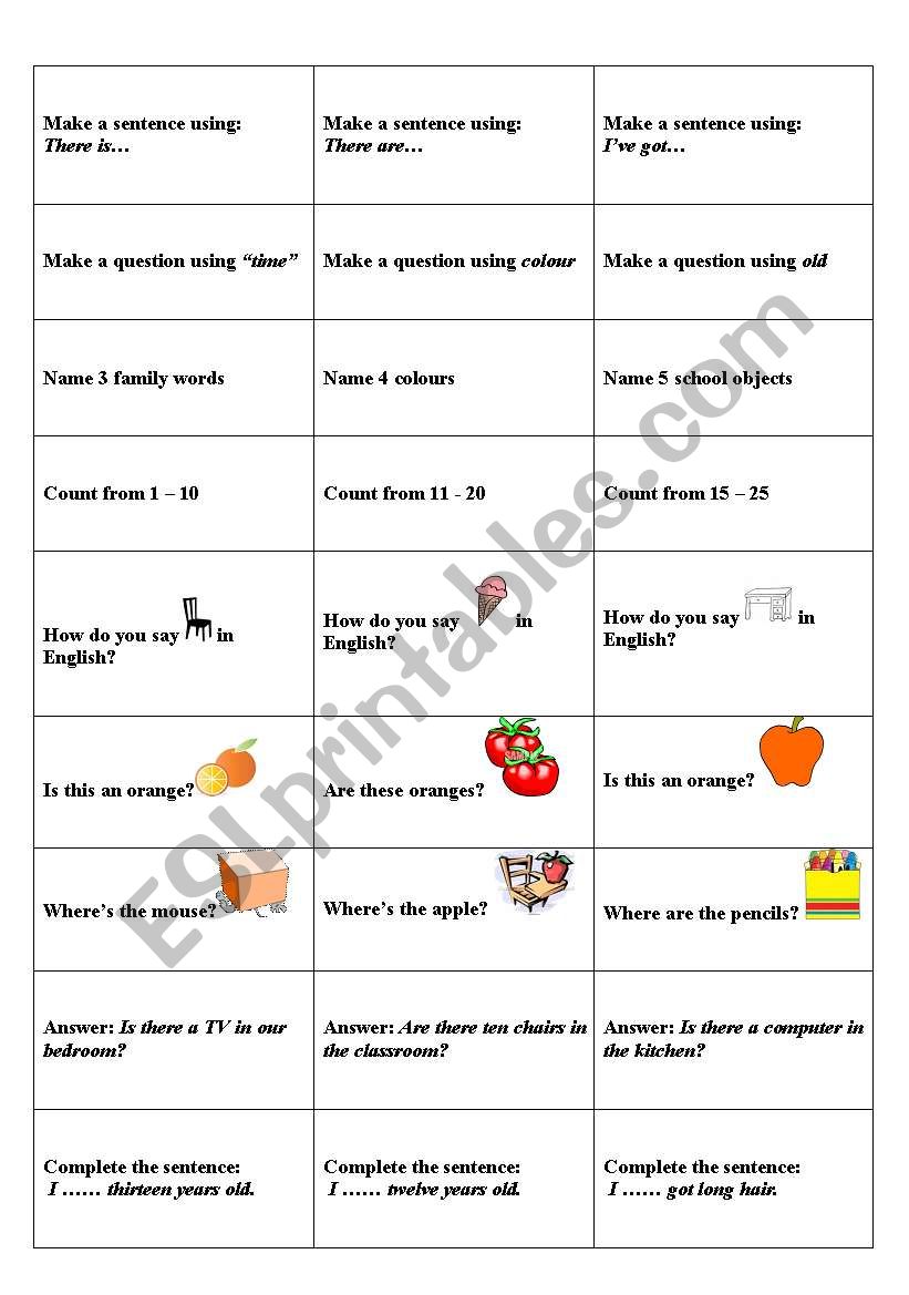 cards to play a board game worksheet