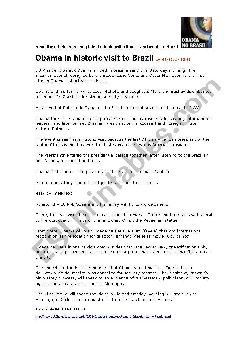 Obama in Brazil worksheet
