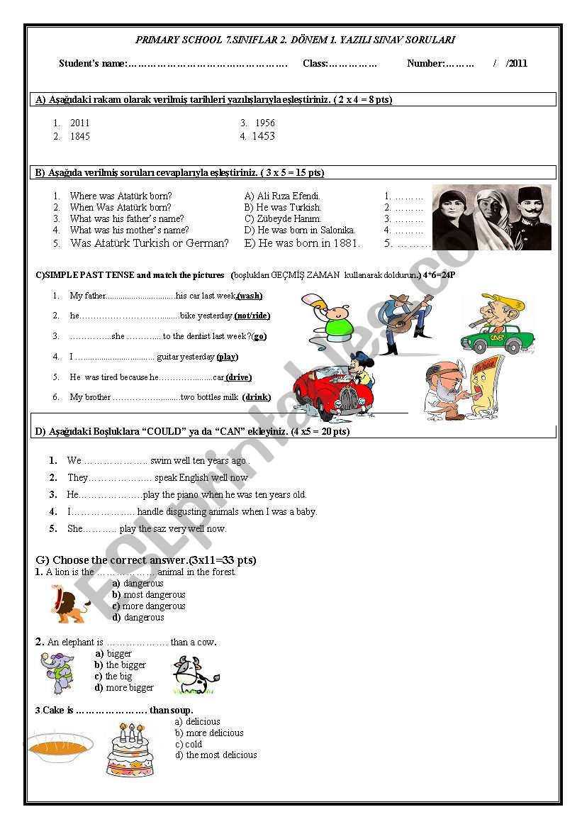 an exam for 7th grade worksheet