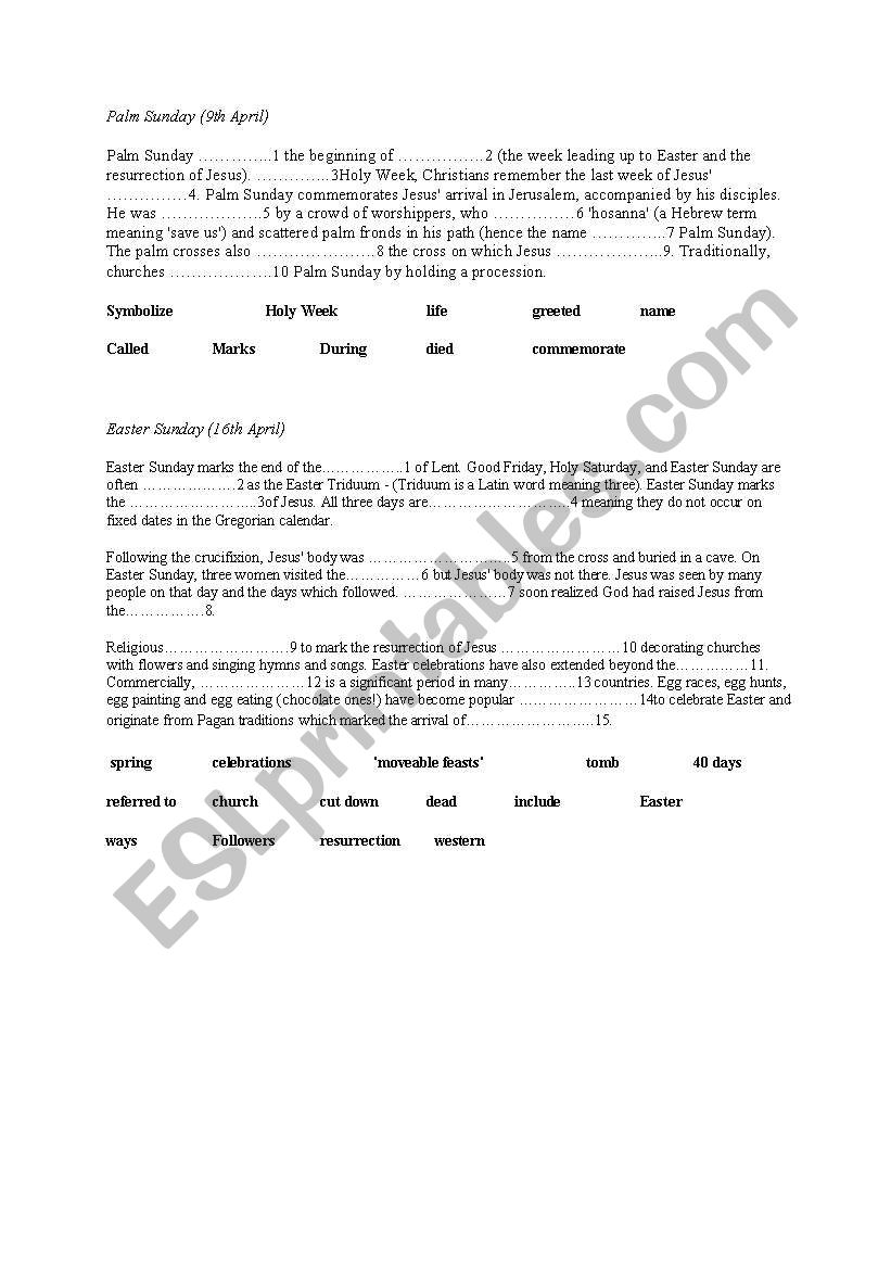 Palm Sunday/ Easter Sunday worksheet