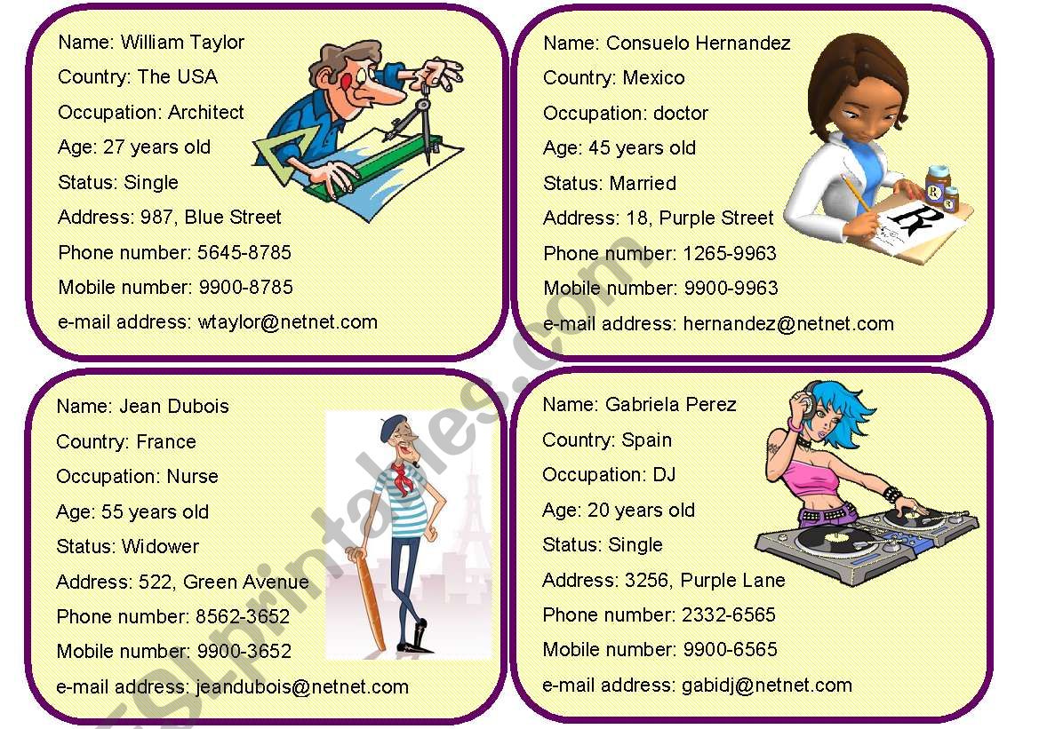 Personal Information Cards 1/4
