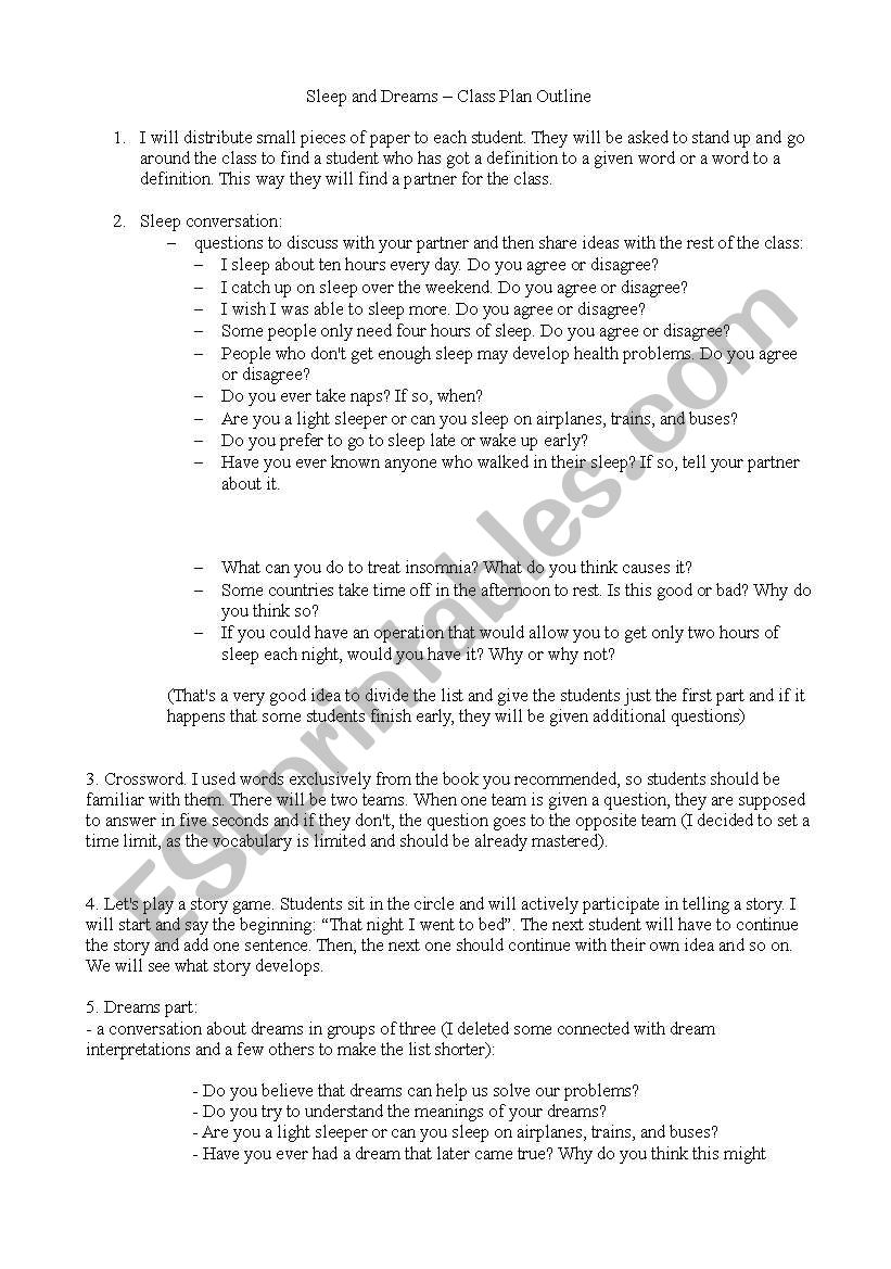 dreams and sleep worksheet
