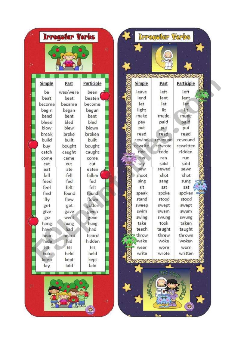 Irregular Verbs Bookmarks worksheet