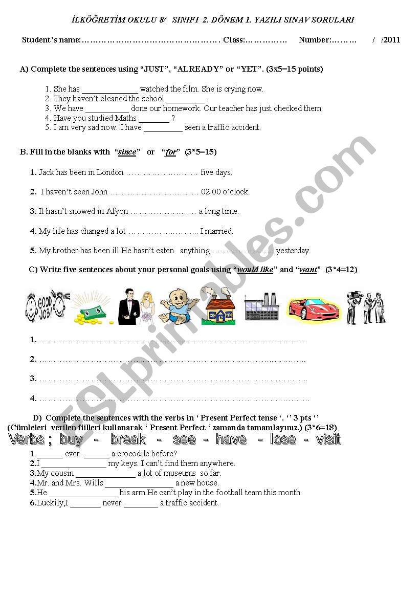 an exam for 8th grades worksheet