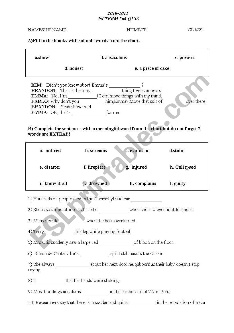 A VOCABULARY QUIZ for 11th class