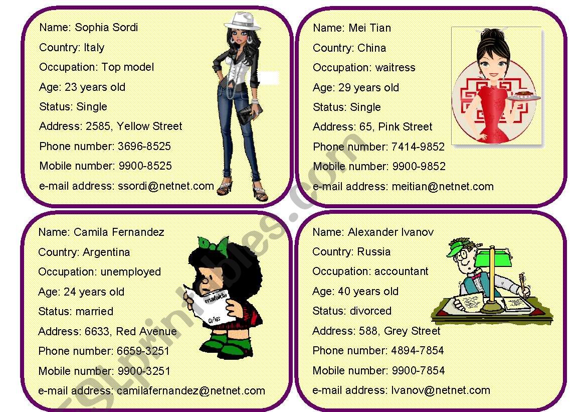 Personal Information Cards 3/4
