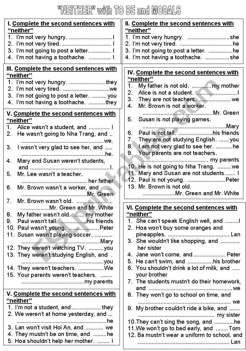 NEITHER WITH TO BE AND MODALS worksheet