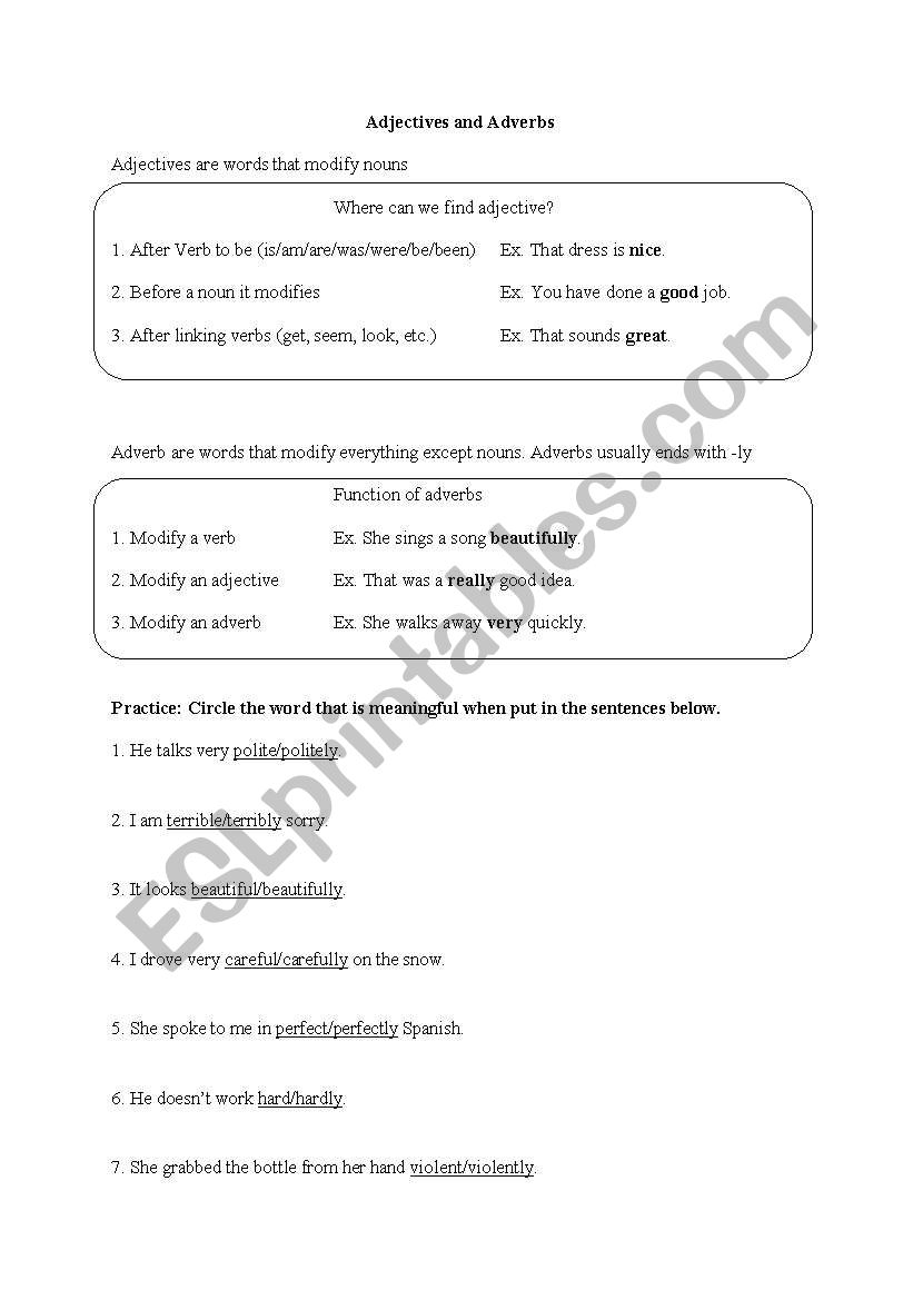 Adjectives and adverbs worksheet