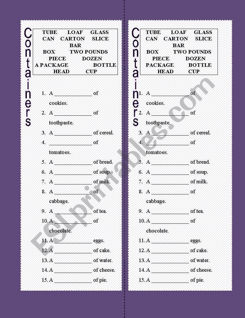 Containers worksheet