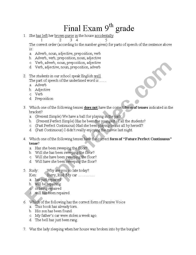 9th grade final exam worksheet
