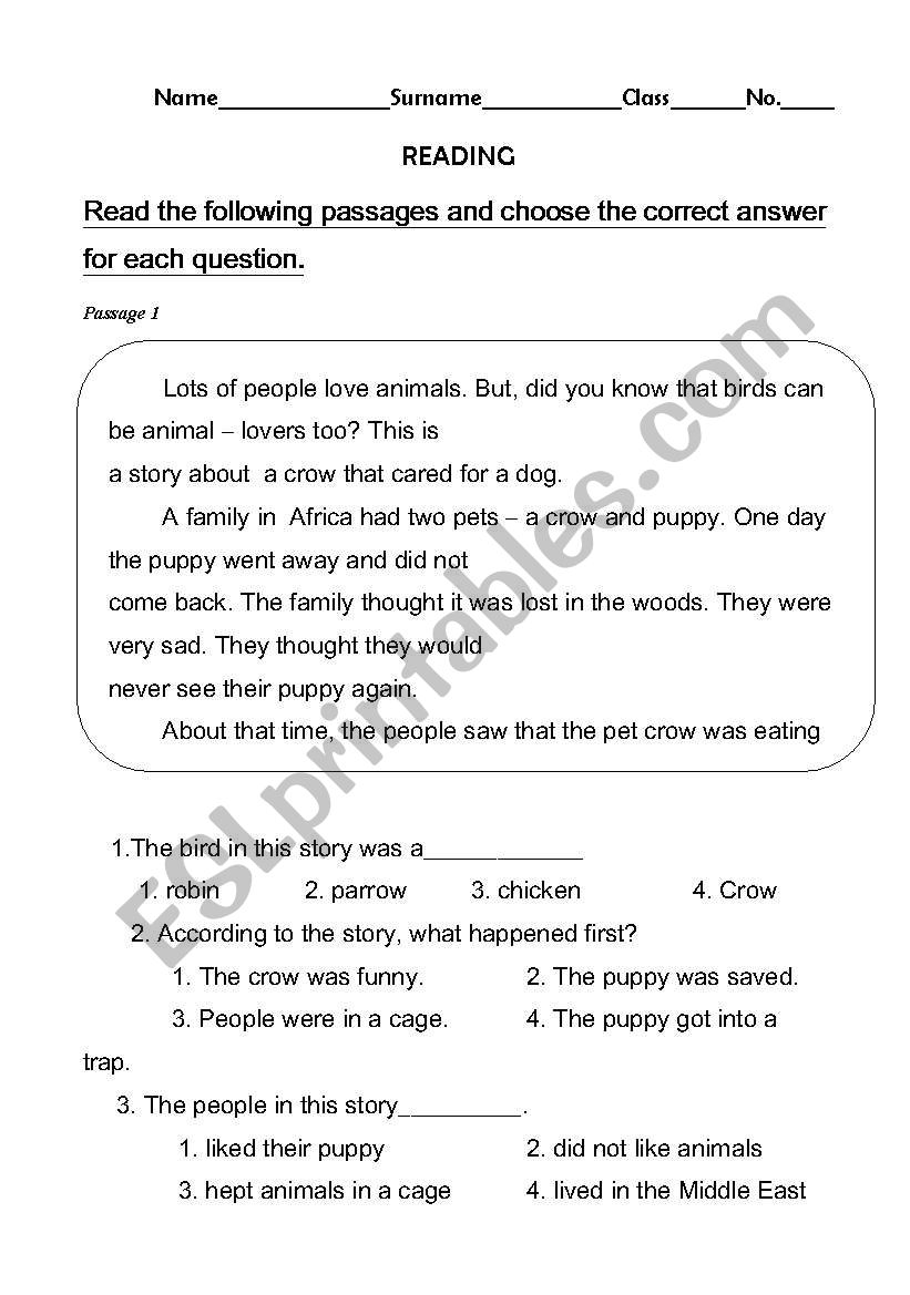 Reading worksheet