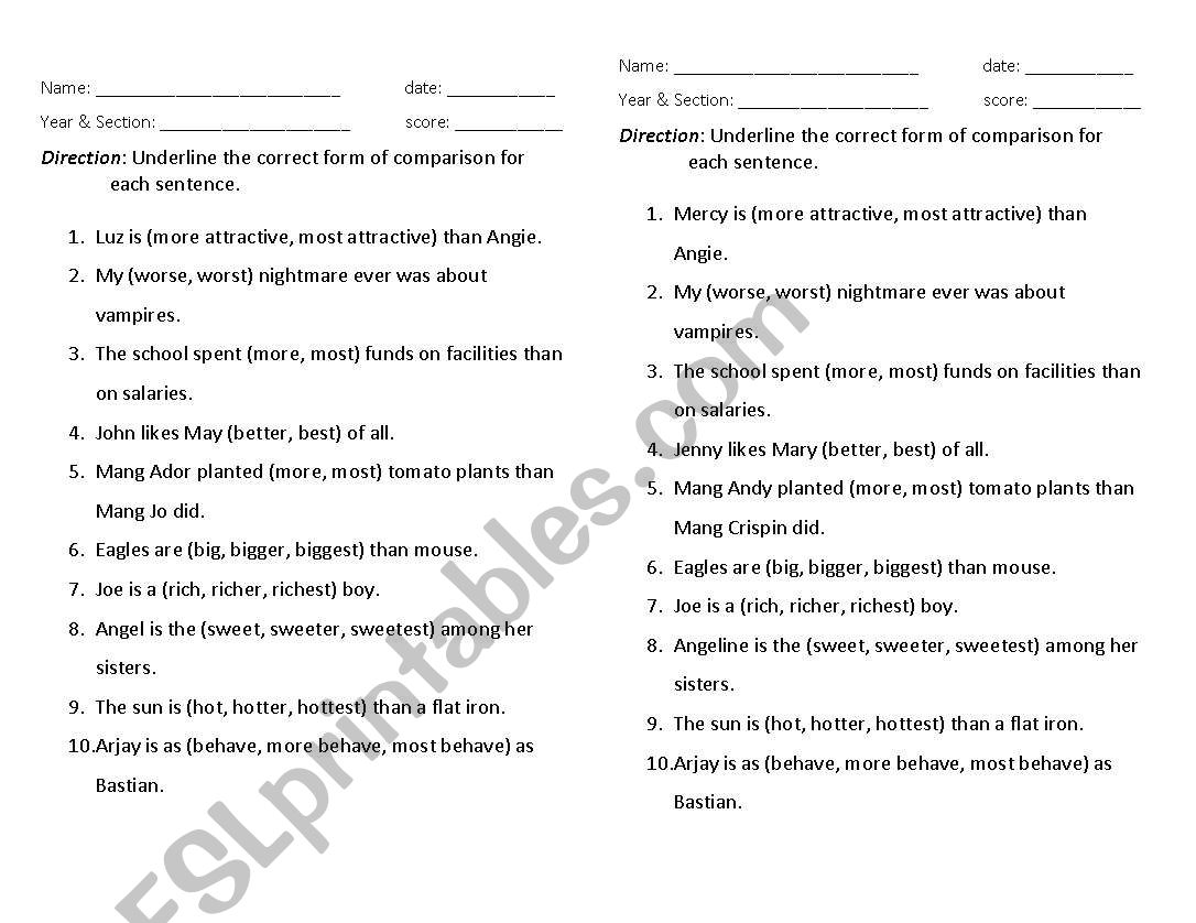 comparison of adjectives worksheet