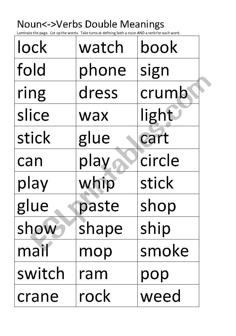 Noun-Verb double meanings game A