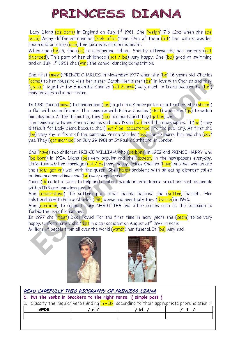 PRINCESS DIANA a biography  / USE of Simple PAST