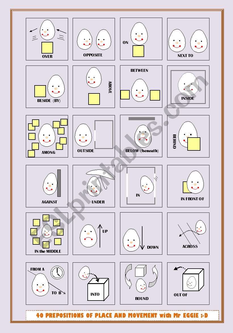 40 PREPOSITIONS WITH MR EGG - 9_PAGES of exs, 3_pgs of suggestions+links -fully editable - A2-B1 level