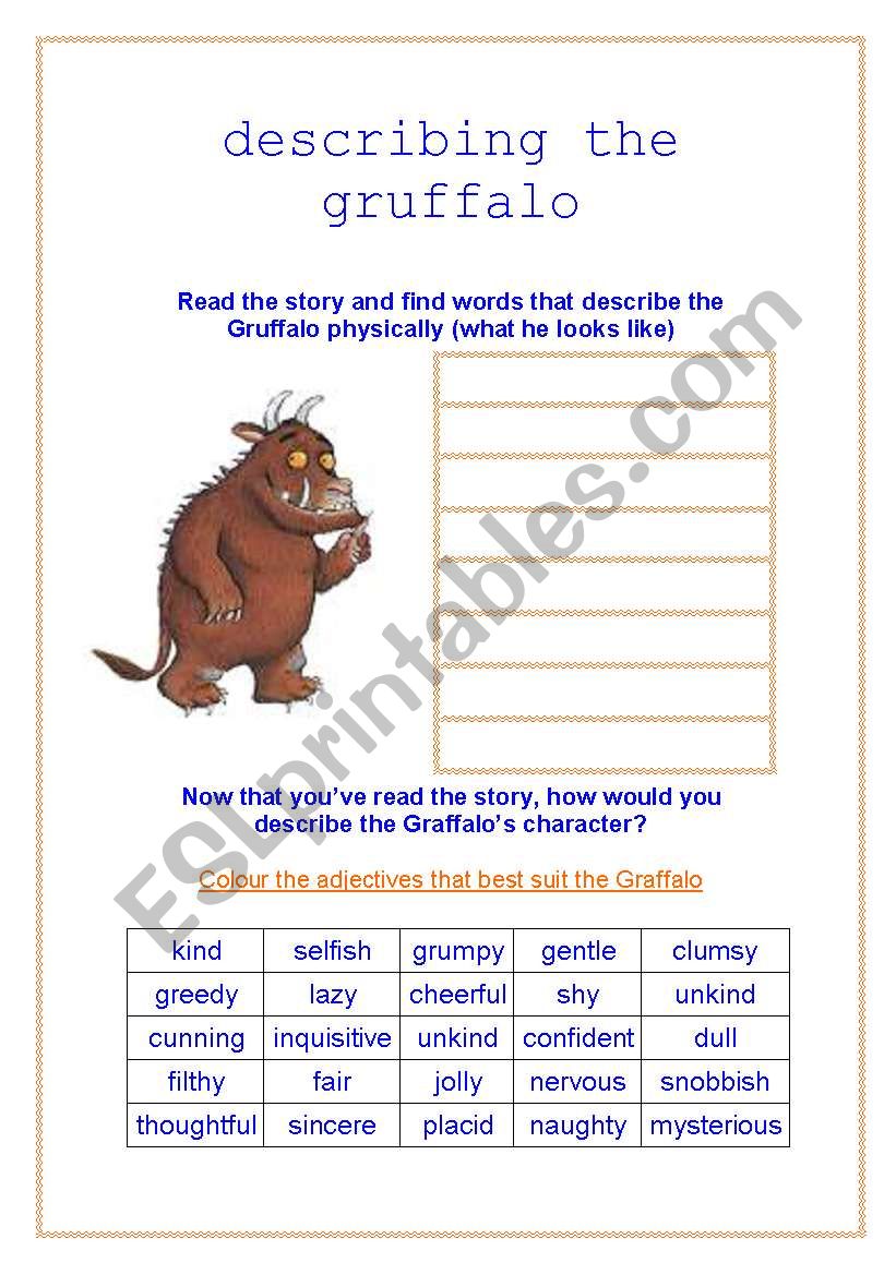 describing the gruffalo worksheet