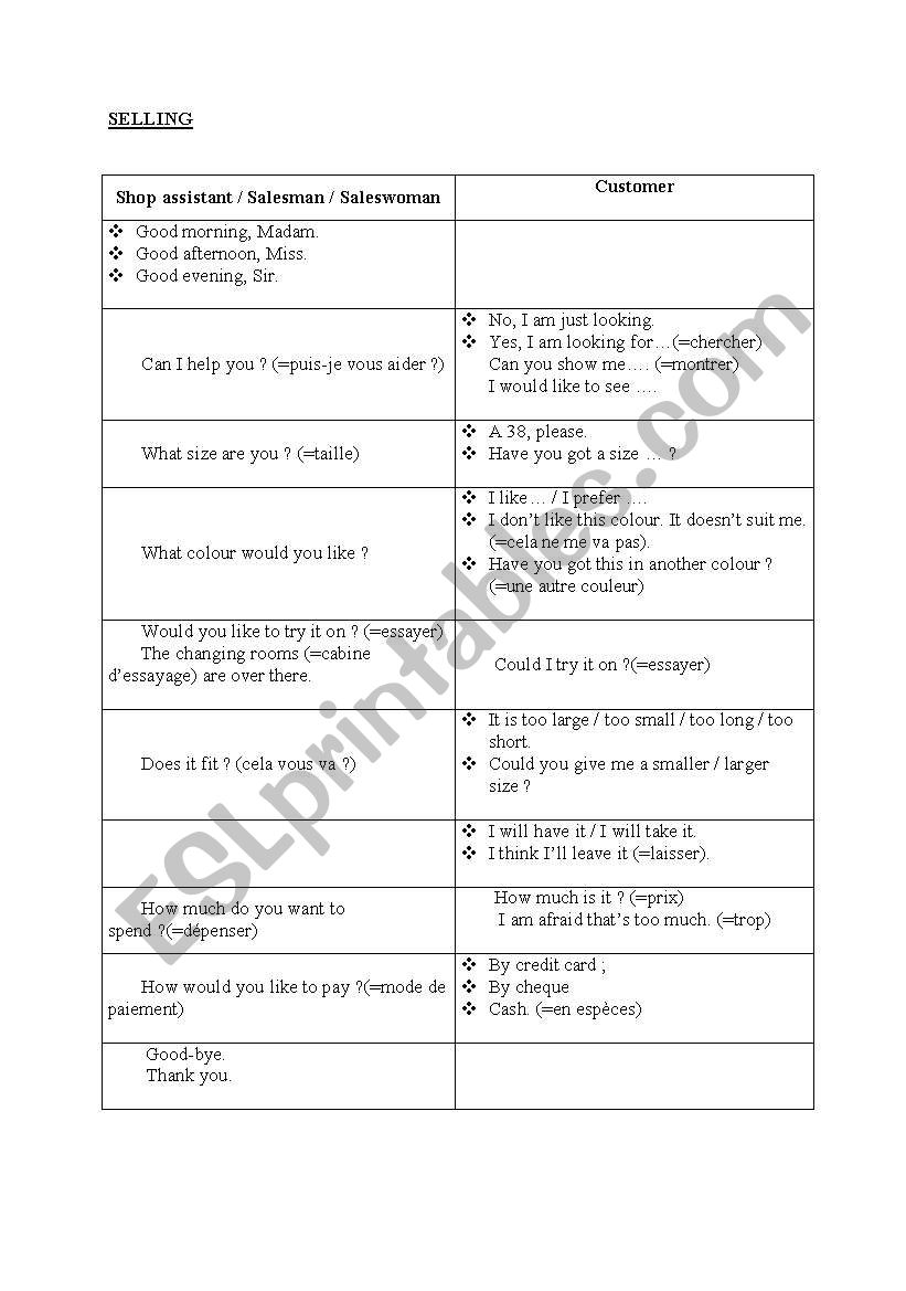Selling worksheet