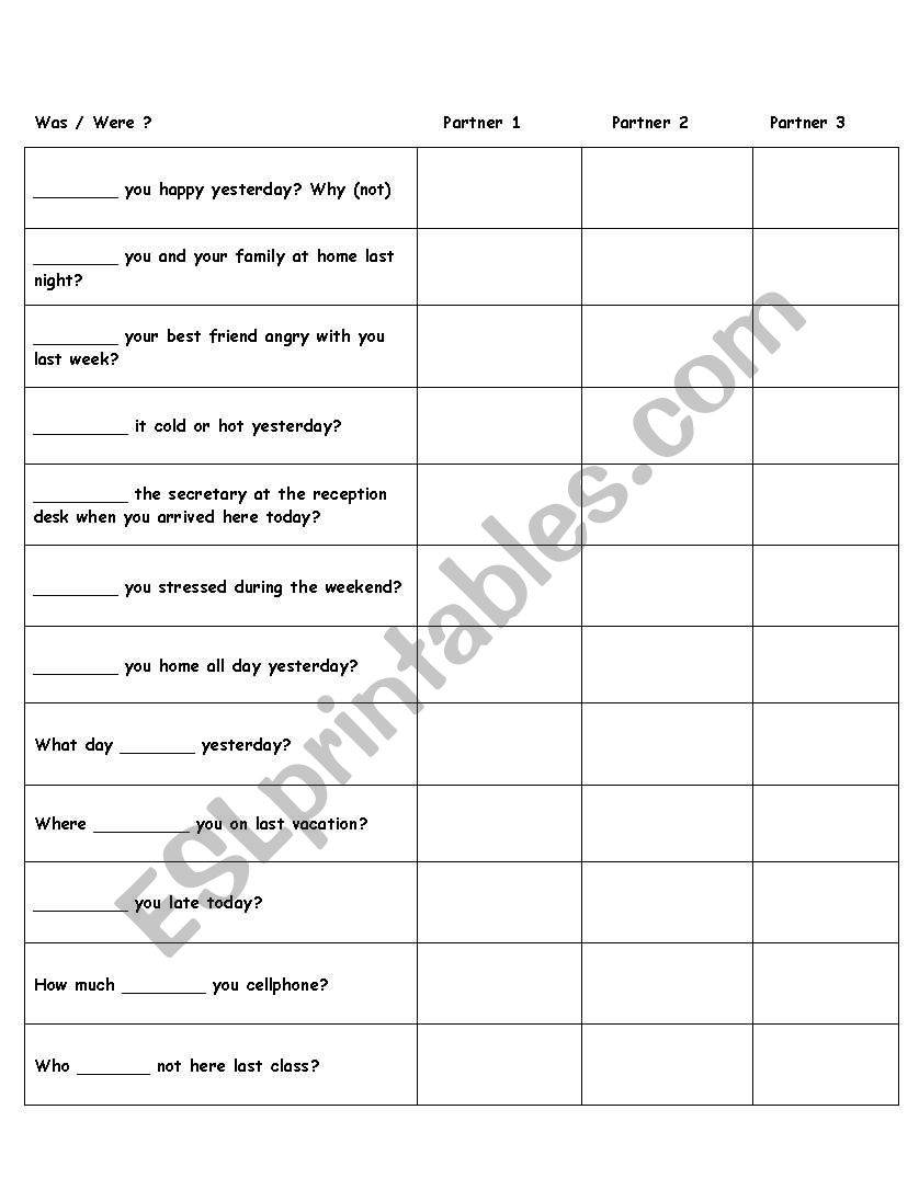 Was / Were worksheet