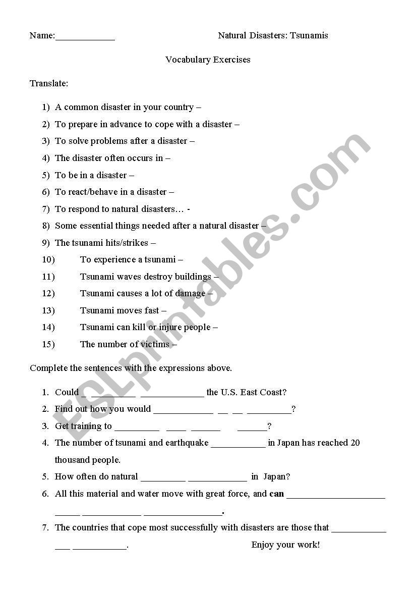 tsunamis worksheet