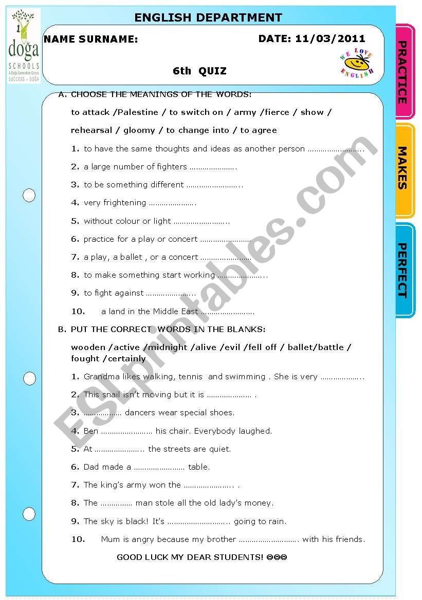 vocabulary quiz worksheet