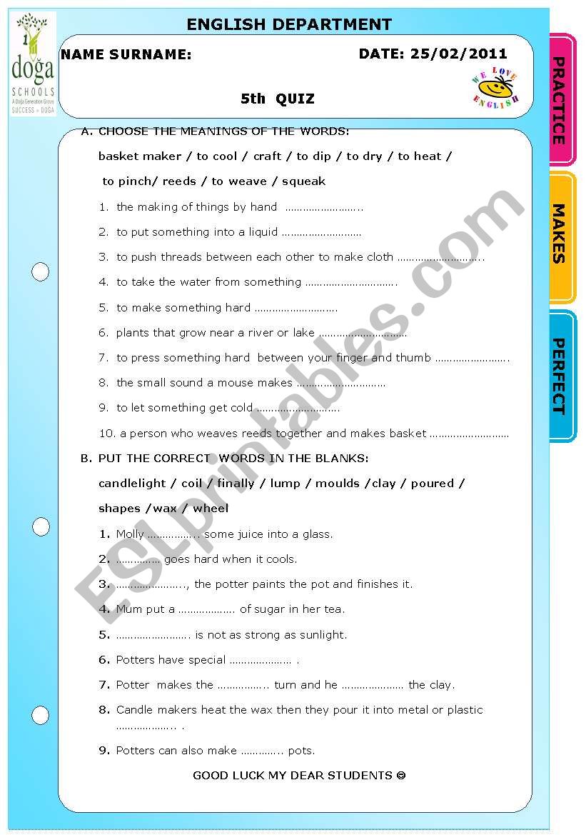 5th vocabulary quiz worksheet