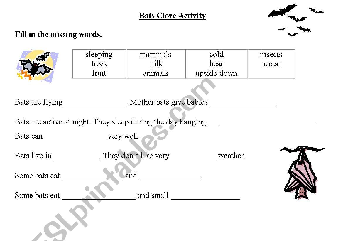 Bats cloze activity worksheet
