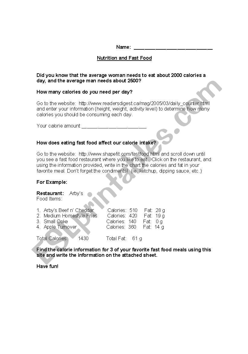 Nutrition and Fast Food Assignment