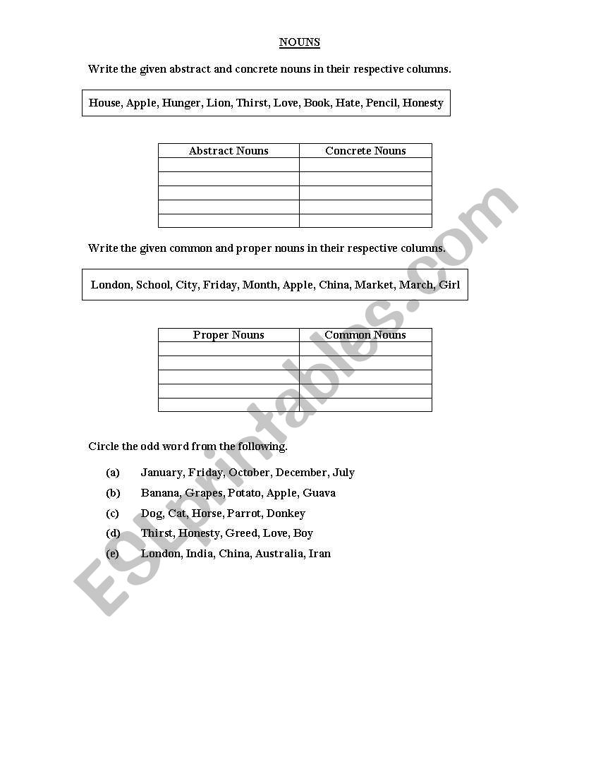 Nouns worksheet