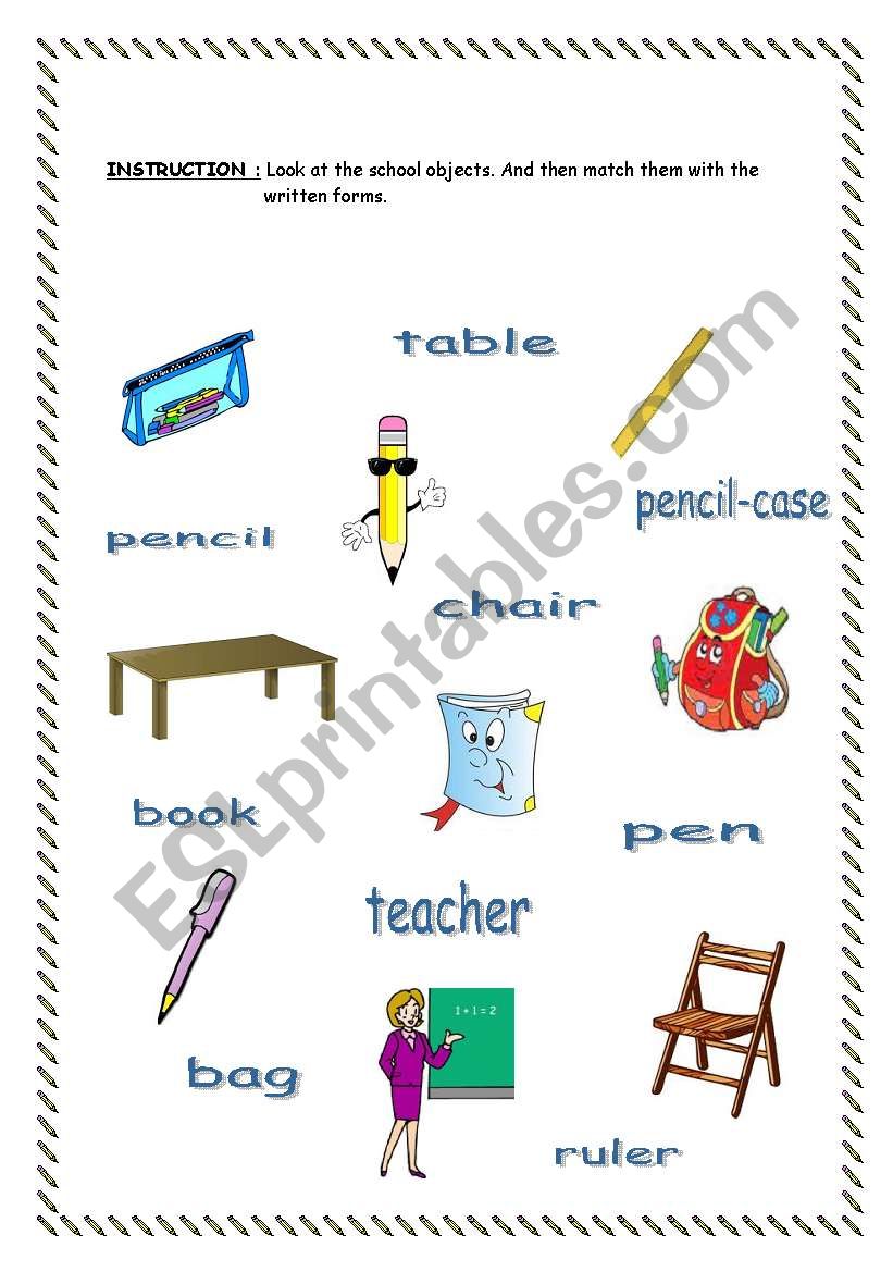 school objects worksheet