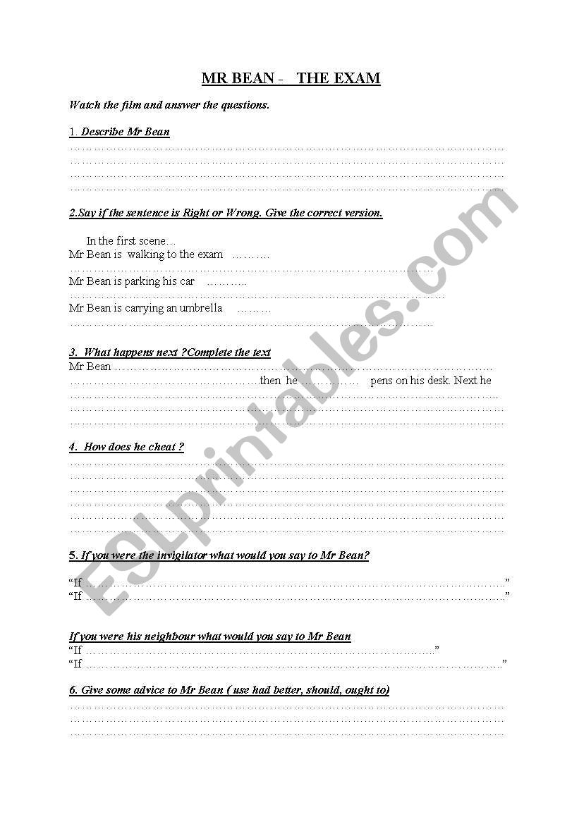 Mr Bean The Exam worksheet