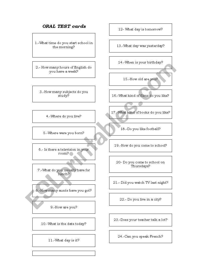 Oral Test Cards worksheet