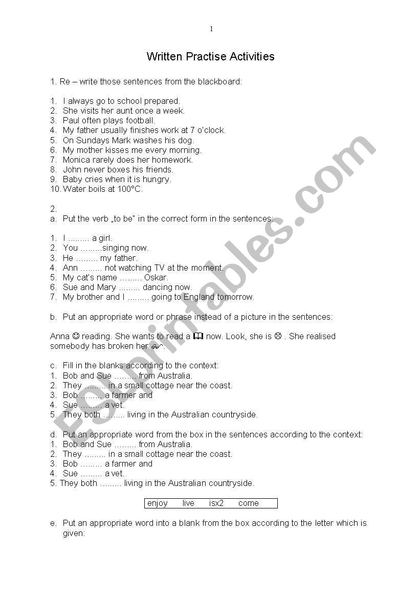 Written practice activities worksheet