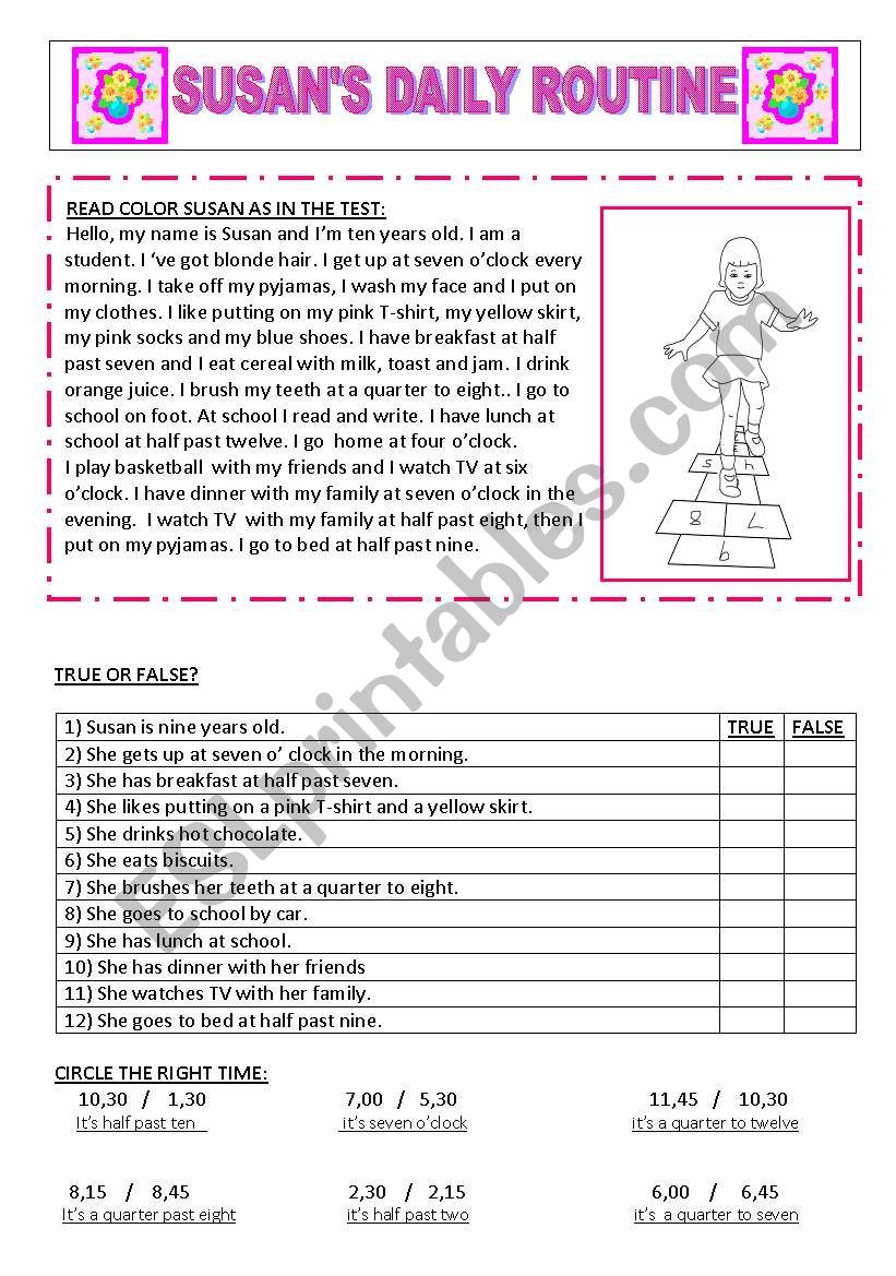 Susans daily routine,  3 exercise in 1 sheet