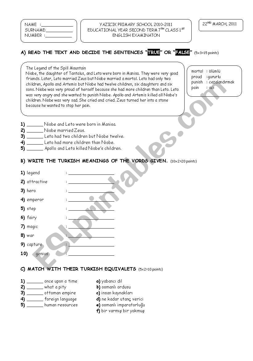 SECOND TERM 7TH CLASS 1ST ENGLISH EXAMINATON