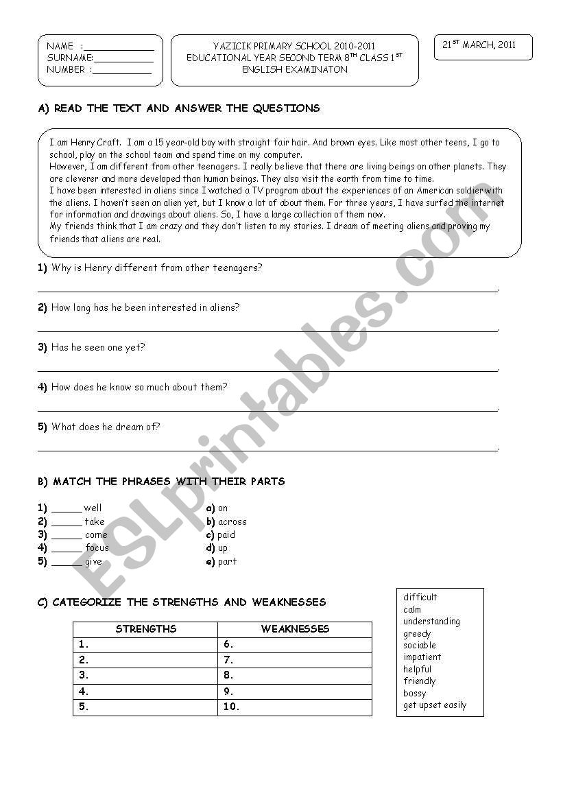 SECOND TERM 8TH CLASS 1ST ENGLISH EXAMINATON