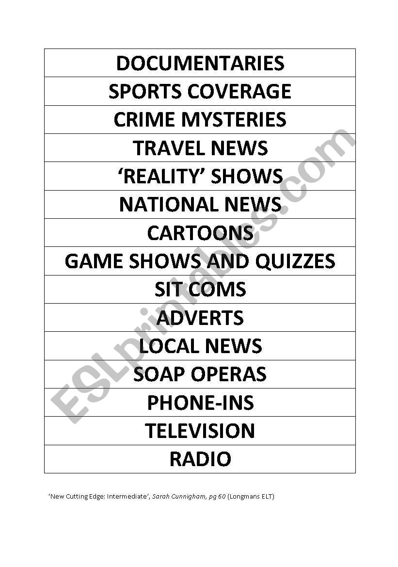 Word bank Types of TV programmes ESL worksheet by yycheng1