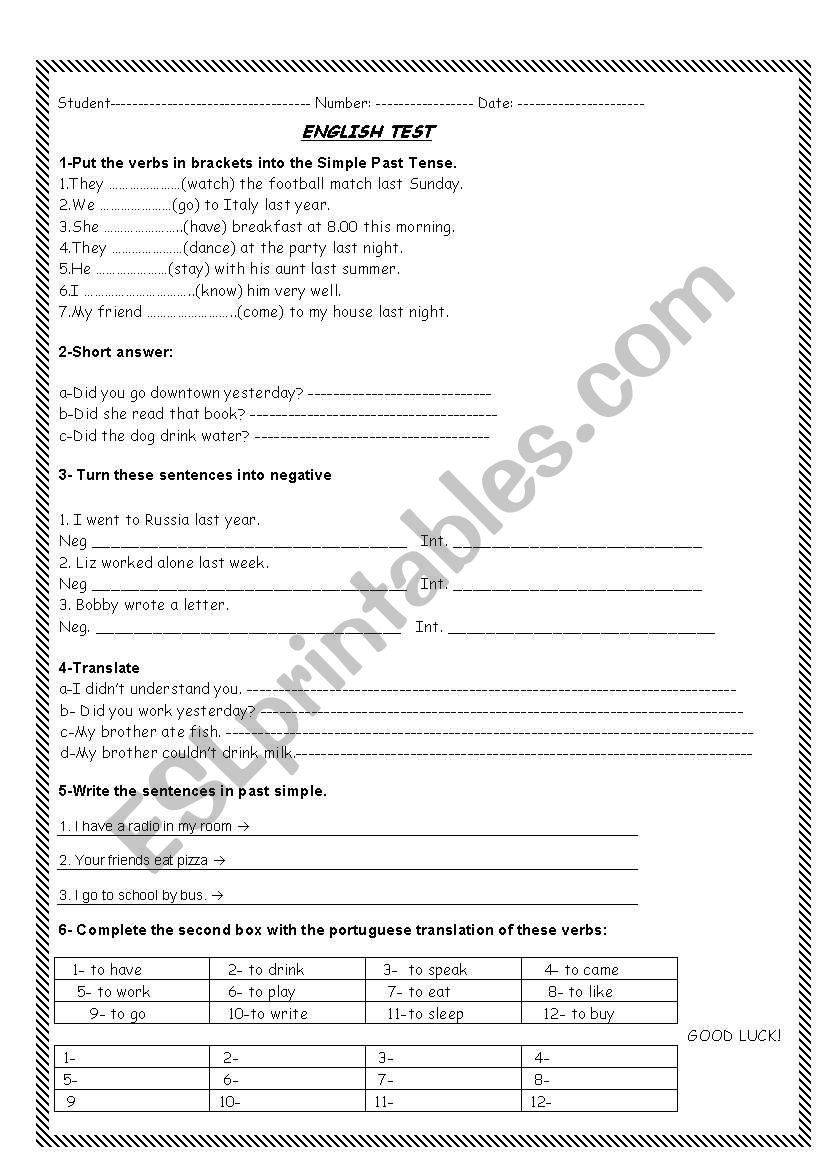 test - simple past worksheet