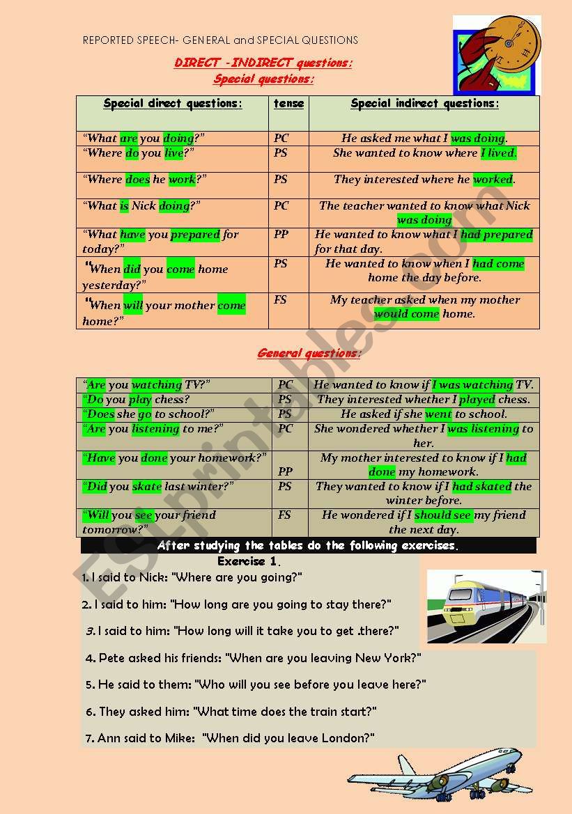 Reported Speech, GENERAL and SPECIAL QUESTIONS PRACTICING