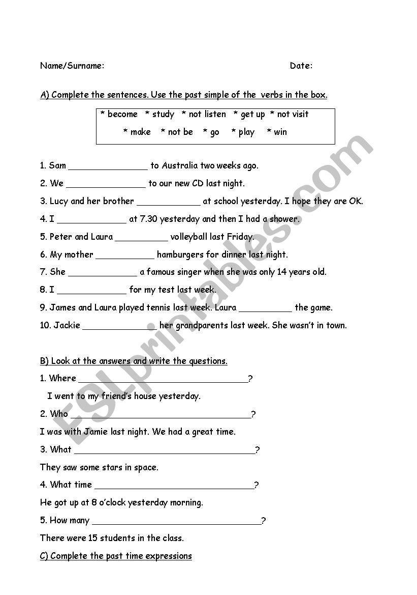 past simple tense worksheet