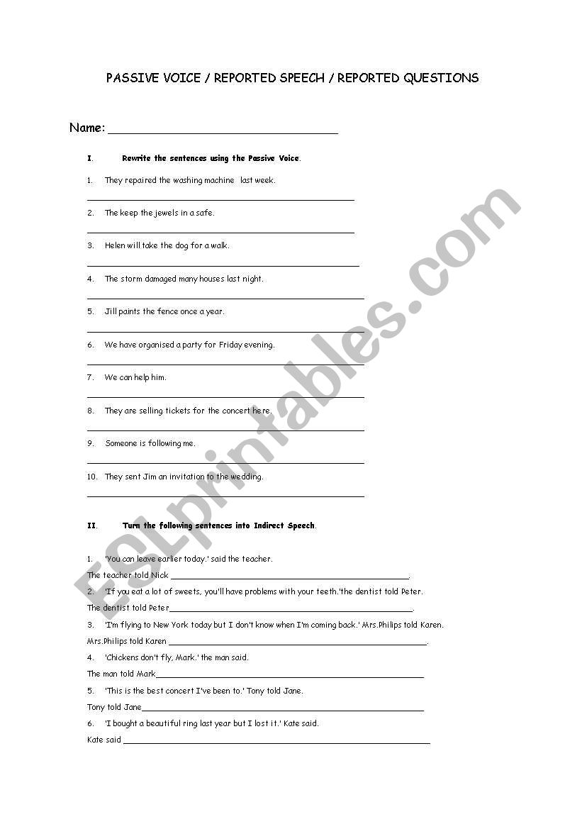 passive / reported worksheet