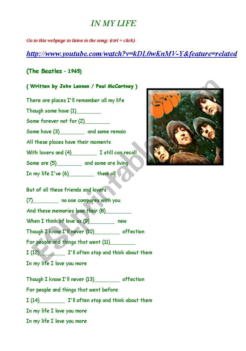 In My Life by The Beatles,  worksheet with answers