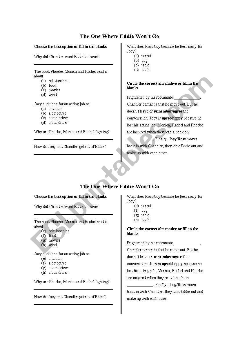 The one where Eddie wont go worksheet