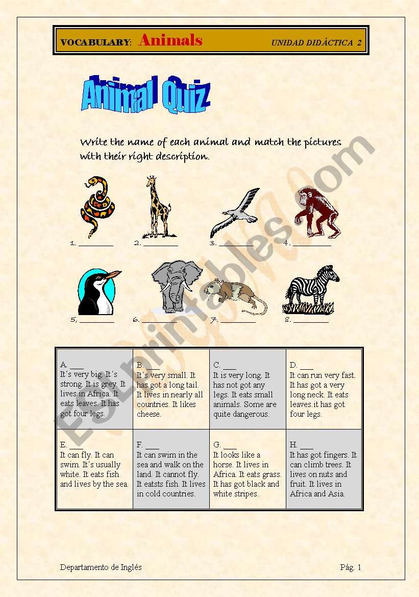 Animal quiz worksheet