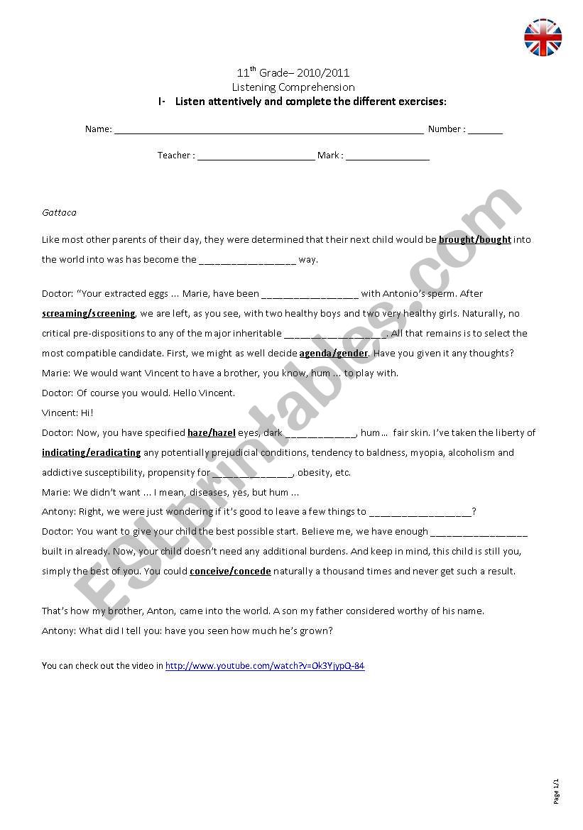 Gattaca listening worksheet