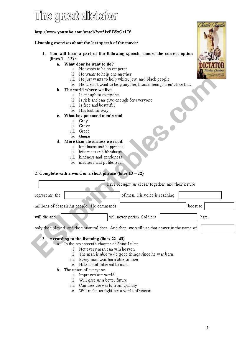 Listening. The Great Dictator worksheet