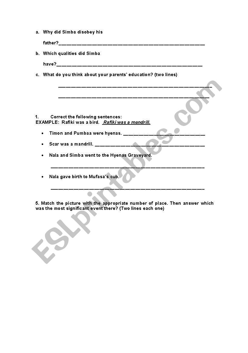 LION KING MOVIE WORKSHEET 2-3 worksheet