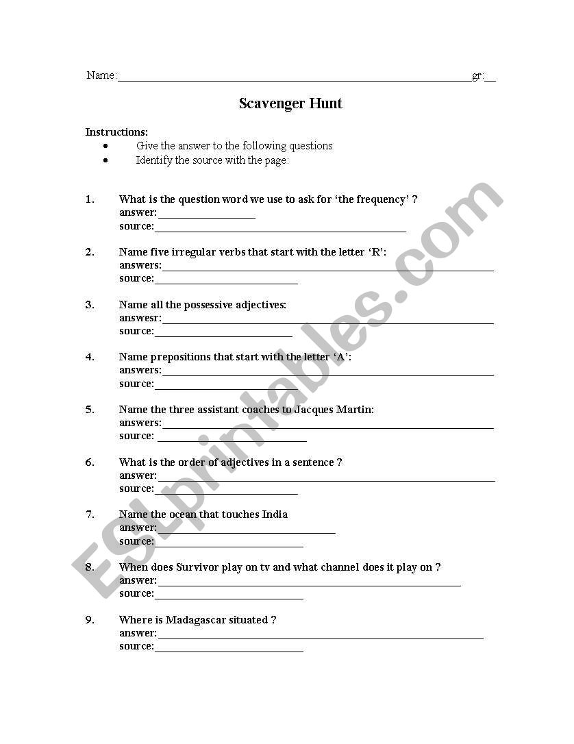 Scavenger Hunt worksheet