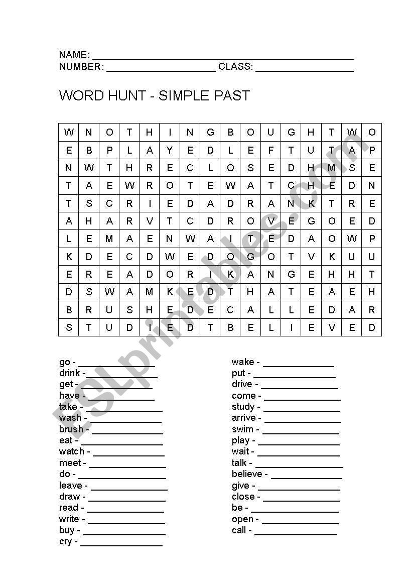 word hunt simple past worksheet