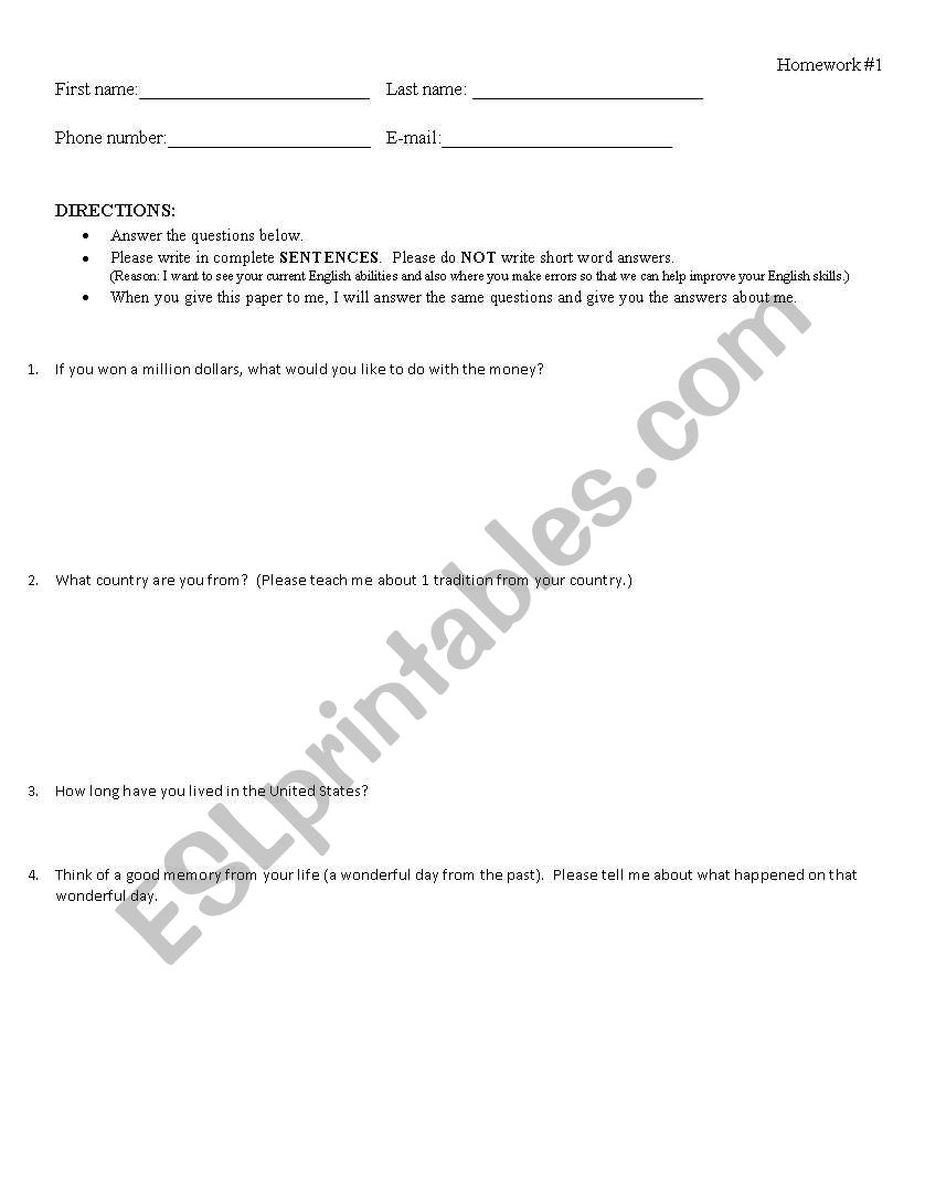 First day informal assessment of students language level, background, interests, and personality