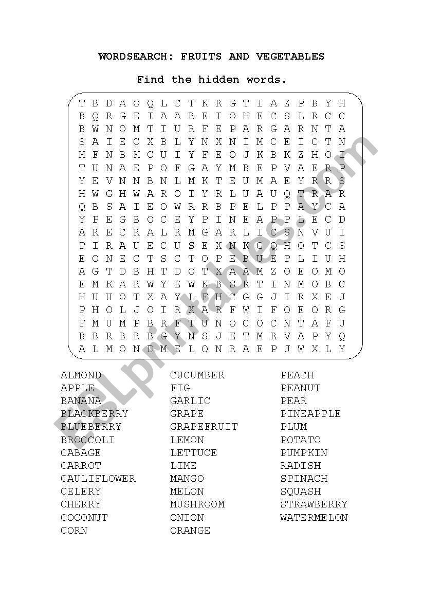 FRUITS AND VEGETABLES: WORDSEARCH